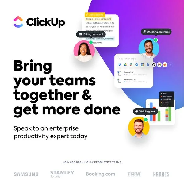 ClickUp B2B SaaS ad with a logo wall of Samsung, IBM, and Booking.com and a productivity expert CTA