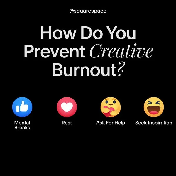 Squarespace B2B SaaS poll ad asking how do you prevent creative burnout with Facebook reaction emojis