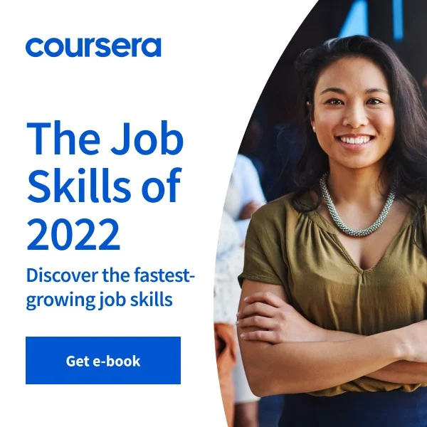 Coursera B2B SaaS lead-magnet ad promoting a fastest-growing skills report with a download button