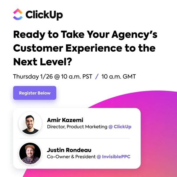 ClickUp B2B SaaS webinar ad with two named speaker photos and a register-below CTA for an agency session
