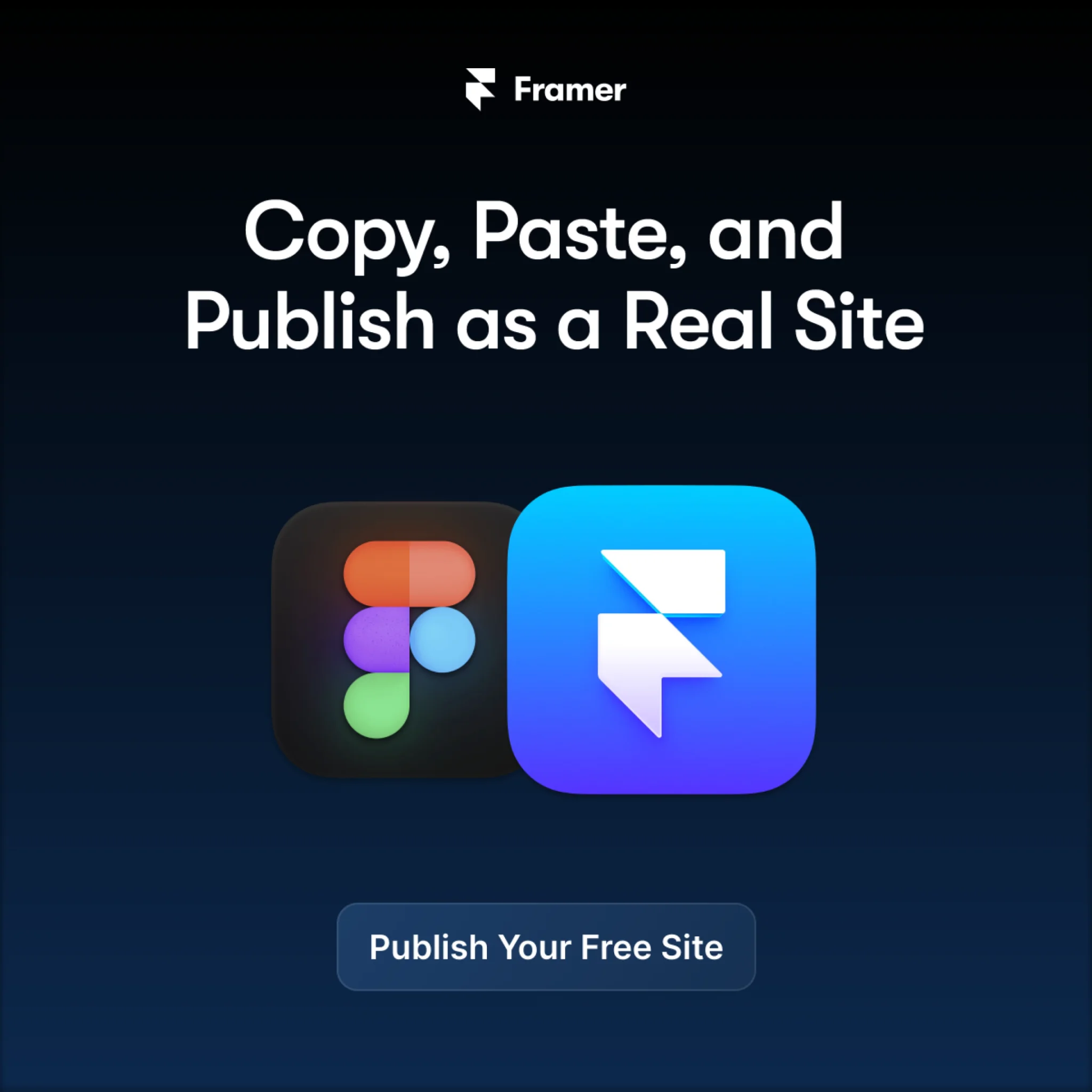 Framer B2B SaaS migration ad reading copy paste and publish as a real site with Figma and Framer app icons