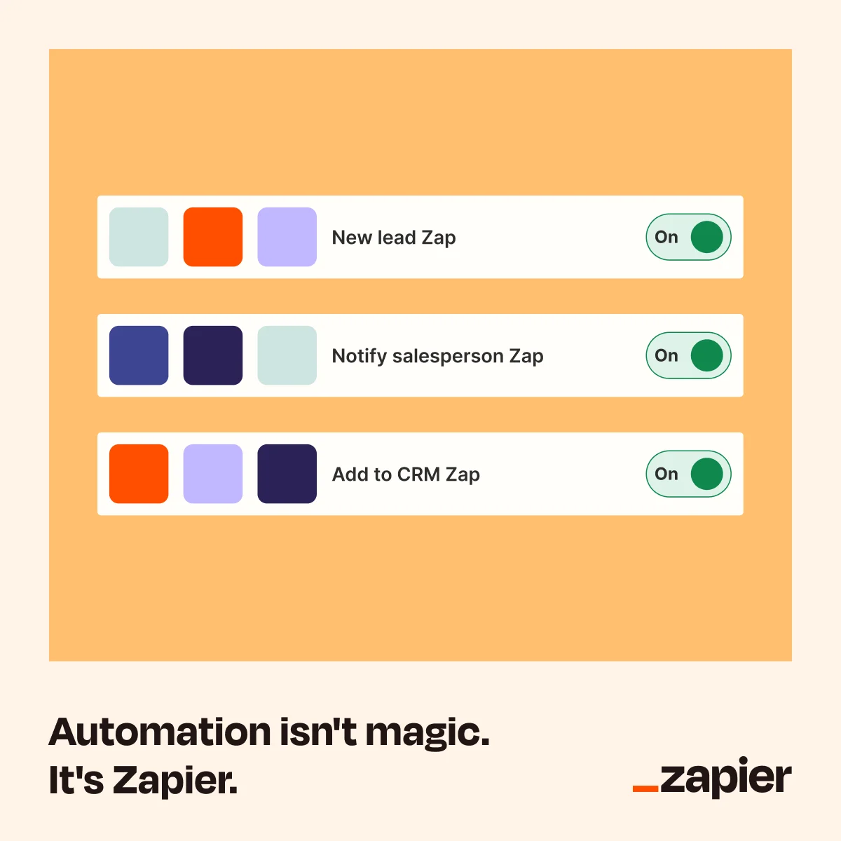 Zapier Automation isn't magic ad showing three Zap automation toggles switched on