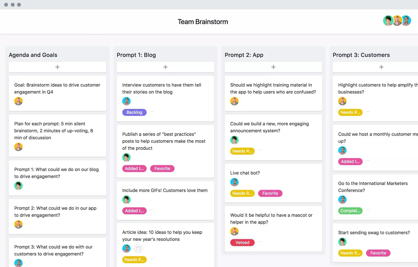 Asana Team Brainstorm board template ad showing a project board interface