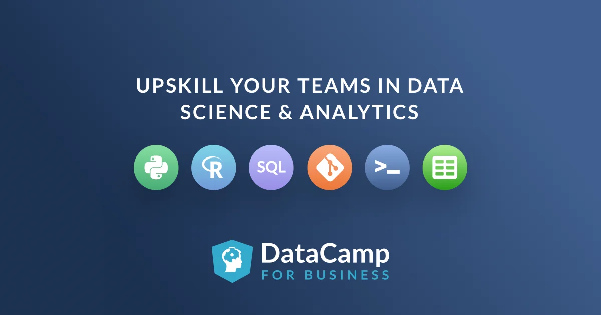 DataCamp for Business ad reading Upskill your teams in data science and analytics over a row of data-tool icons