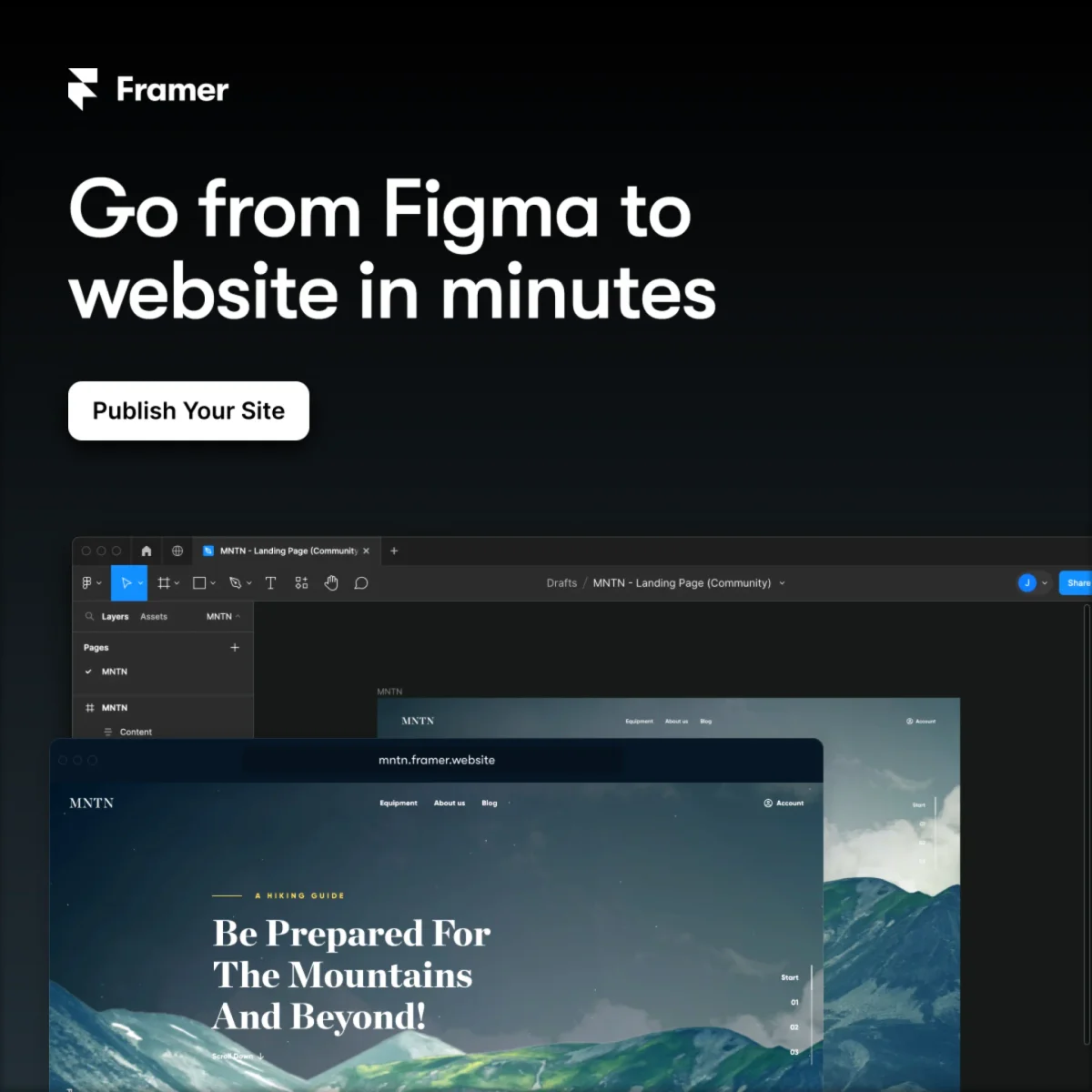 Framer ad reading Go from Figma to website in minutes above the Framer editor and a published site