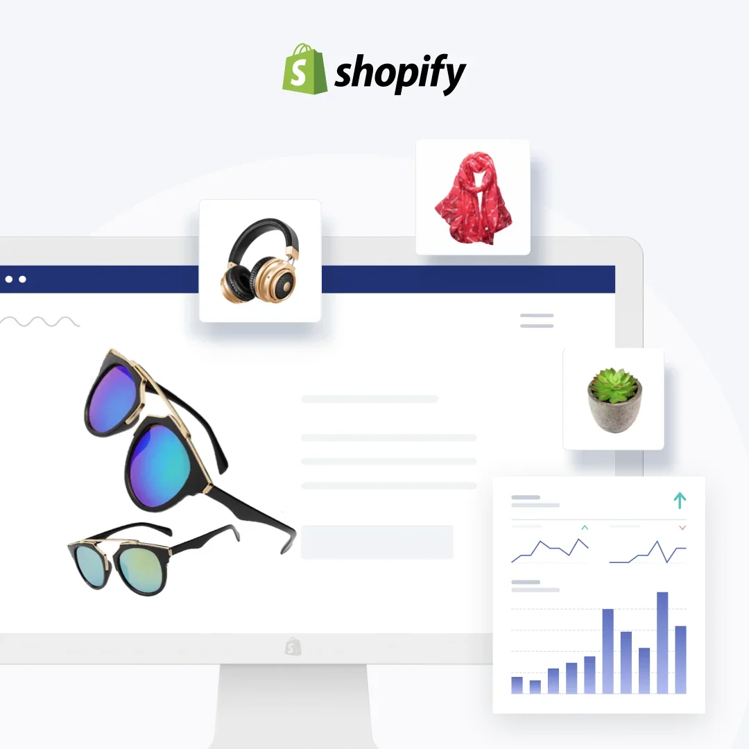 Shopify ad showing a store dashboard with product cards for sunglasses, headphones, and analytics charts