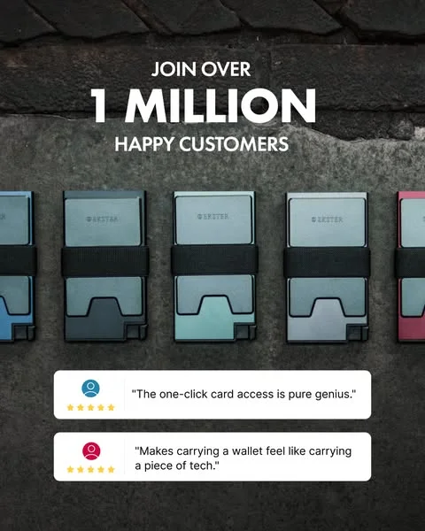 Ekster wallet ad reading 'Join over 1 million happy customers' above five colored cardholder wallets and two five-star customer review cards