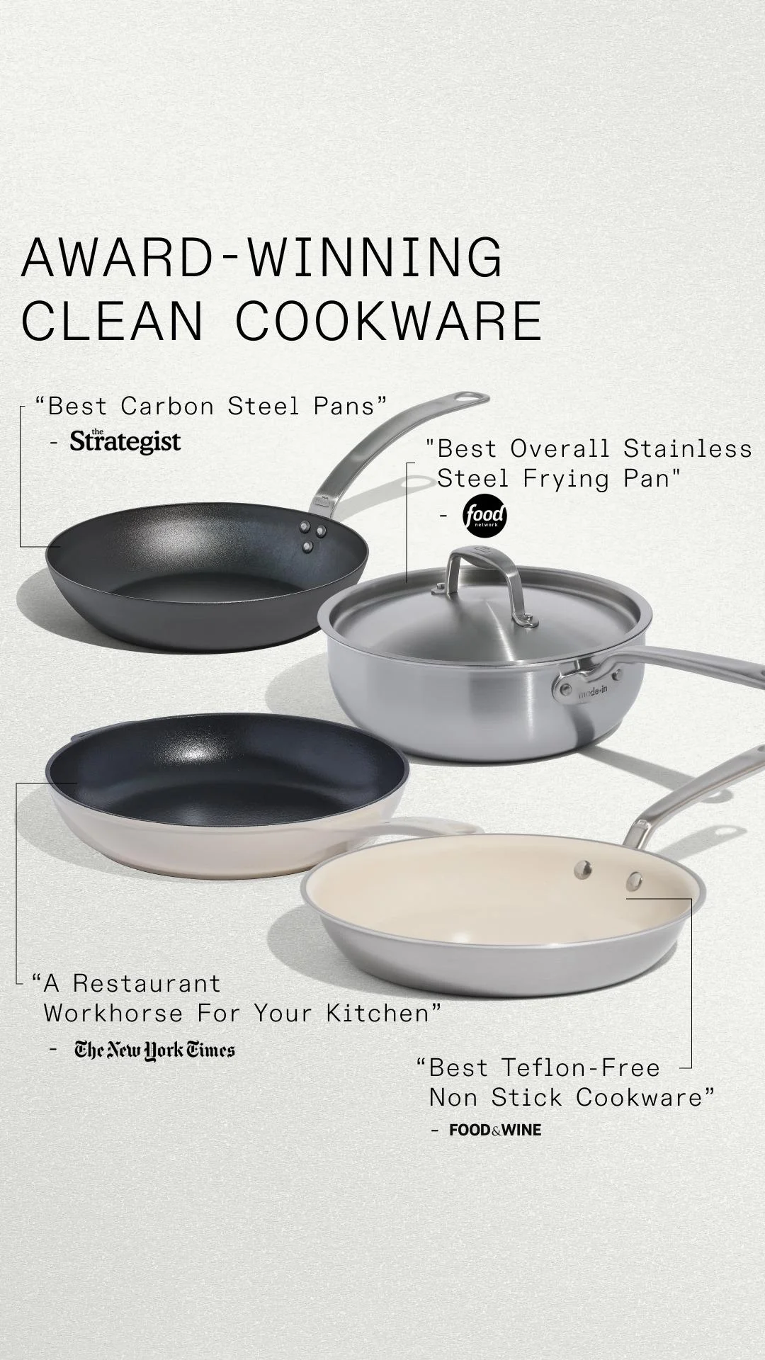 Made In cookware ad titled 'Award-Winning Clean Cookware' with four pans each labeled with a press quote from The Strategist, Food Network, The New York Times and Food & Wine