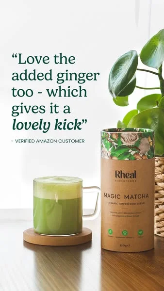 Rheal Magic Matcha testimonial quote-card ad: a verified customer's short review praising the added ginger, set in teal type beside a glass of green matcha latte and a kraft product tube