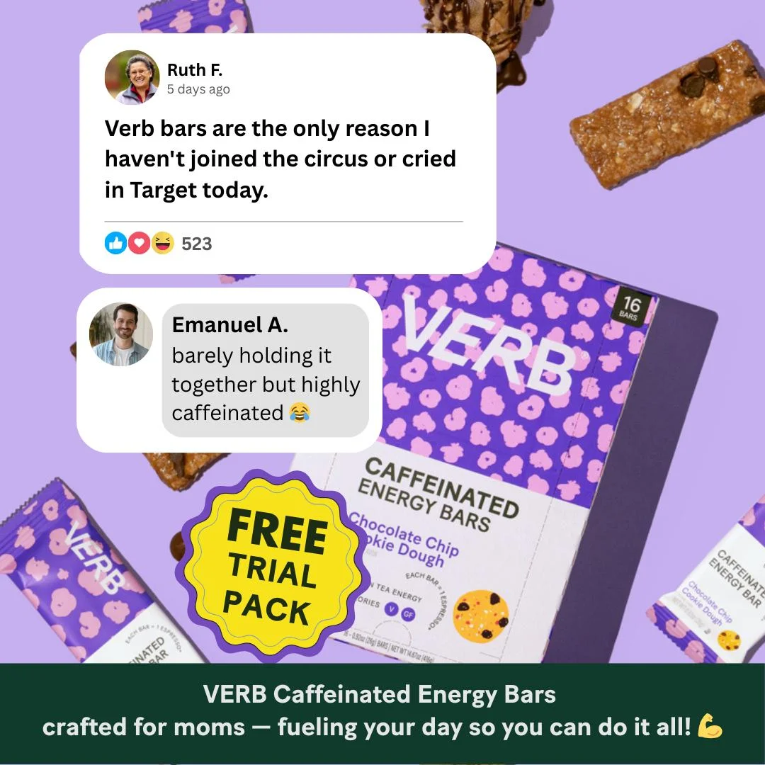 Verb Energy testimonial ad showing two social-media comment screenshots from customers over scattered Verb caffeinated energy bar packaging