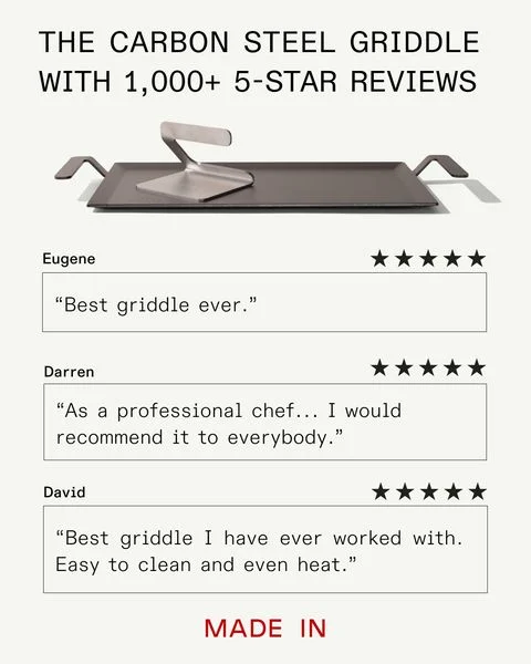 Made In carbon steel griddle star-rating testimonial ad: a headline about 1,000+ 5-star reviews above a griddle render, with three stacked named customer reviews each showing a five-star row.