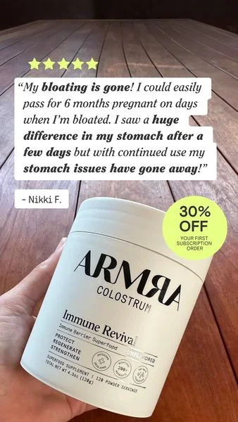 ARMRA Colostrum UGC ad: a hand holds an Immune Revival tub under a 5-star review from Nikki F. about bloating disappearing, with a 30 percent off badge