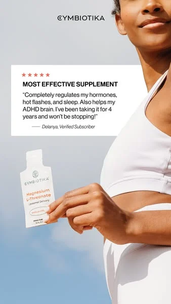 Cymbiotika social-proof ad: a woman holds a Magnesium L-Threonate sachet beside a 5-star review card headlined Most Effective Supplement from a verified subscriber