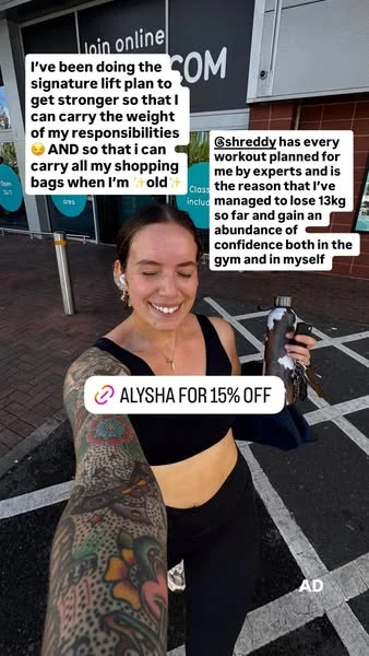Shreddy video-testimonial still: a smiling woman in gym wear holds a water bottle in a gym car park, with Instagram-Story caption stickers sharing her results and a 15% off code